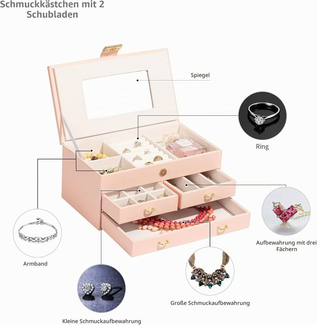 ADEL DREAM Schmuckkästchen, 3-stöckiges Schmuckkästchen mit rotgoldener Schnalle, Schmuckaufbewahrun