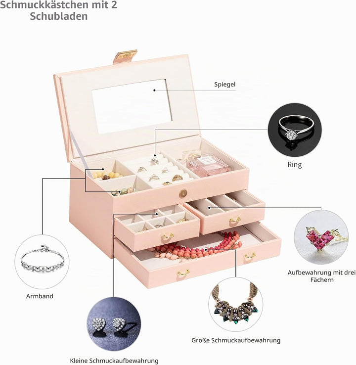 ADEL DREAM Schmuckkästchen, 3-stöckiges Schmuckkästchen mit rotgoldener Schnalle, Schmuckaufbewahrun