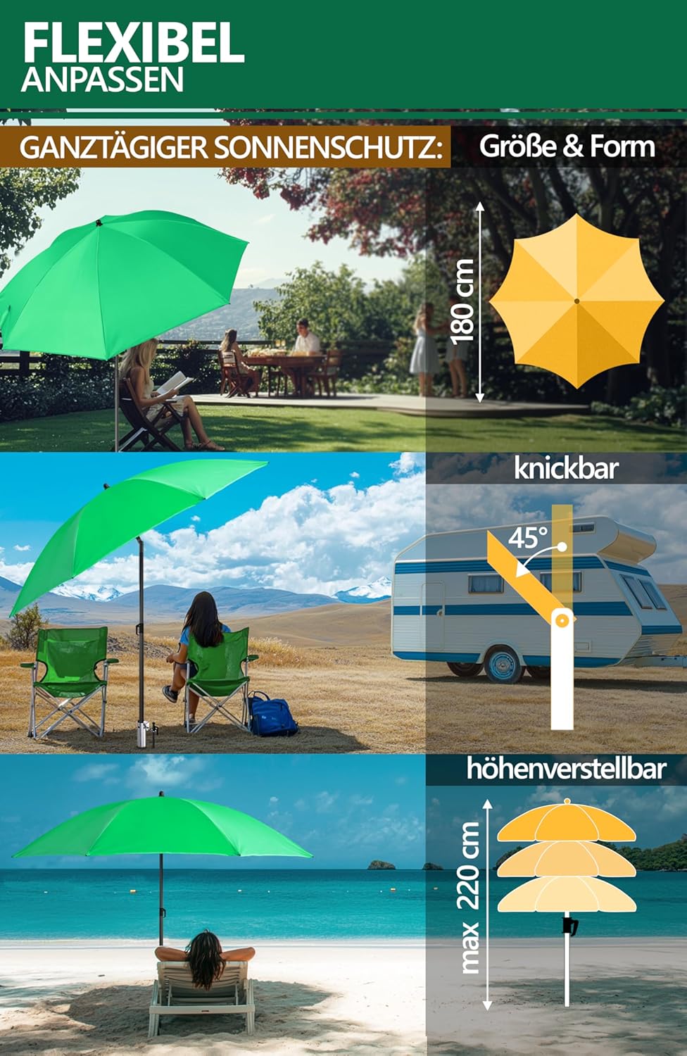 4smile Sonnenschirm Strand 3-in-1 Set, Ø 180 cm, Grün, Strandschirm Windfest Stabil, UV50 Sonnenschu
