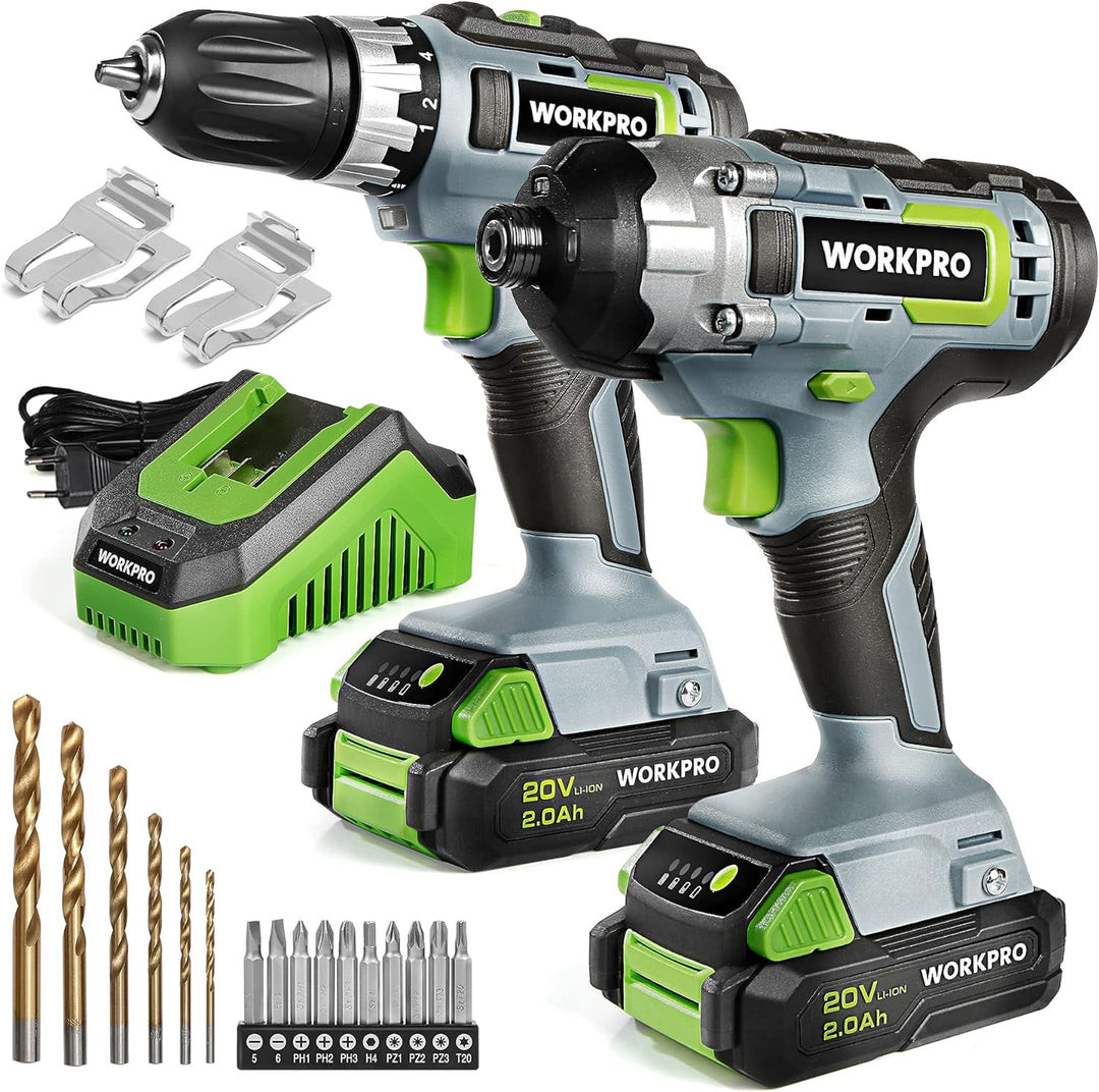WORKPRO 2tlg. Akkuschrauber Schlagschrauber Set 20V 2,0Ah, 2 Akku und Ladegerät inkl. mit 6tlg. Bohr