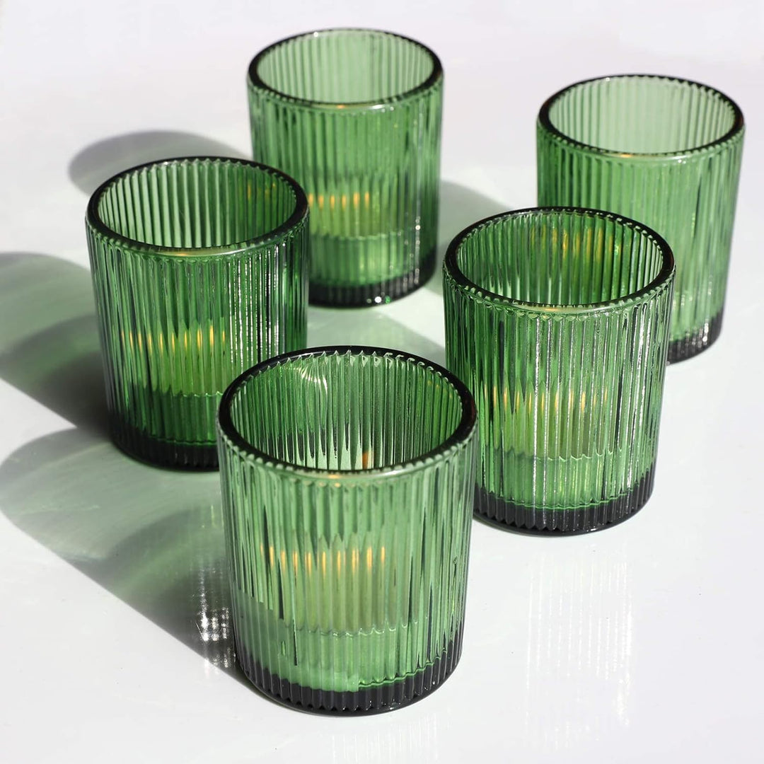 Vohocandle 12 Stück Teelichthalter aus geripptem Glas, grün gerippte Votivkerzenhalter für Hochzeits