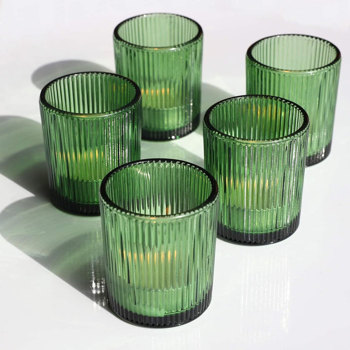 Vohocandle 12 Stück Teelichthalter aus geripptem Glas, grün gerippte Votivkerzenhalter für Hochzeits