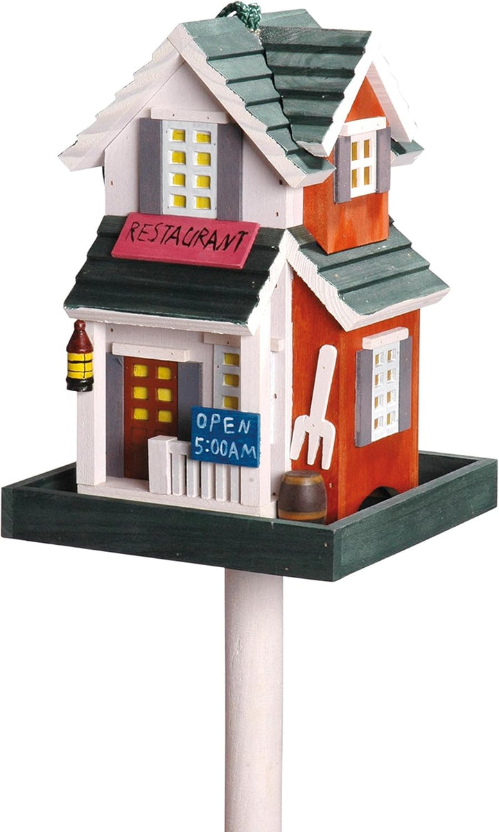 dobar® 25307FSC Buntes Vogelfutterhaus Restaurant - Vogelhaus inklusive Ständer Western Style - Klei