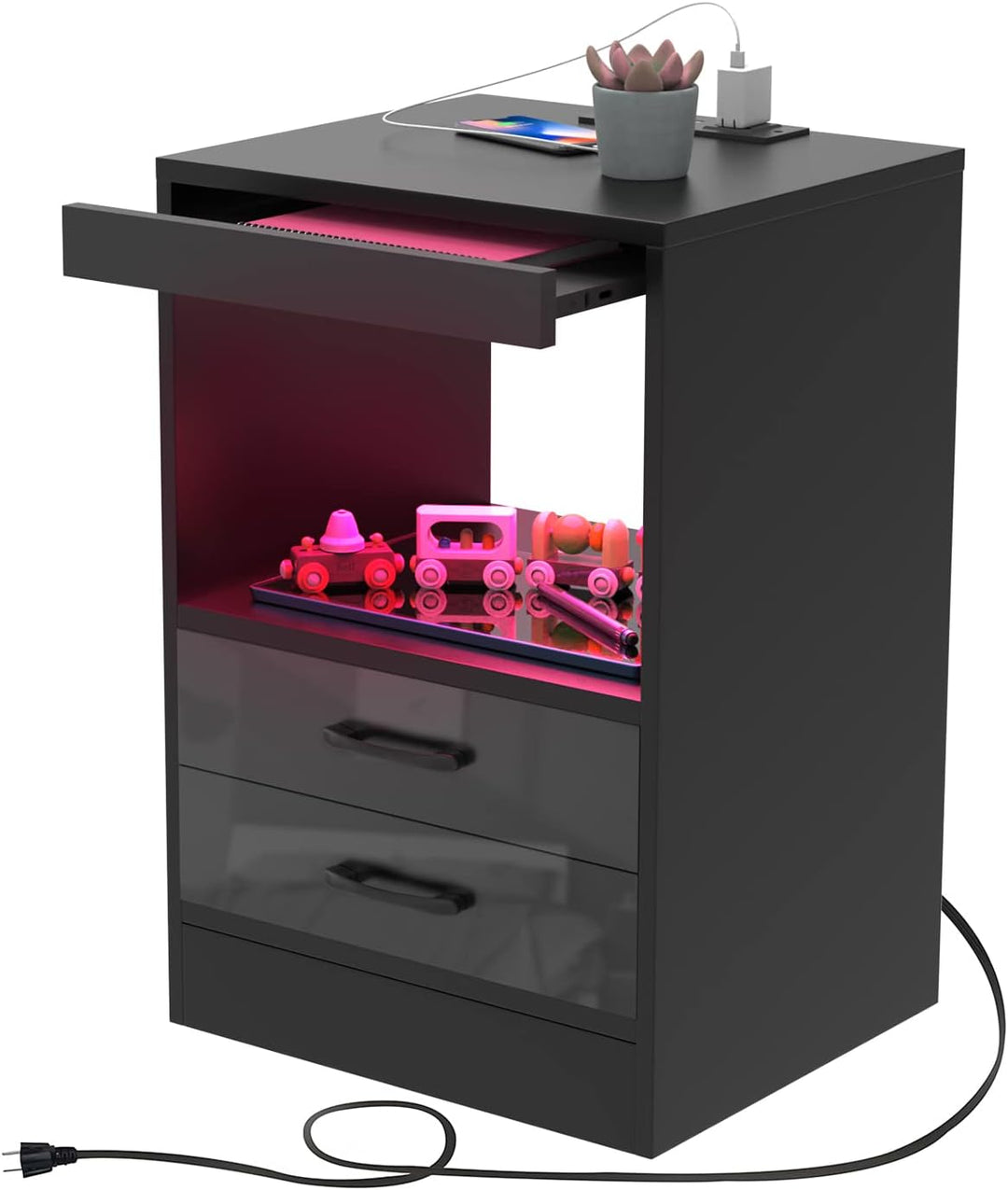 Lvhecforhm Nachttisch Schwarz mit LED-Beleuchtung, Nachttisch mit 2 AC-Steckdosen, 2 USB-Anschlüsse,