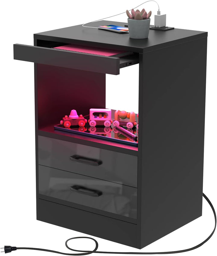 Lvhecforhm Nachttisch Schwarz mit LED-Beleuchtung, Nachttisch mit 2 AC-Steckdosen, 2 USB-Anschlüsse,