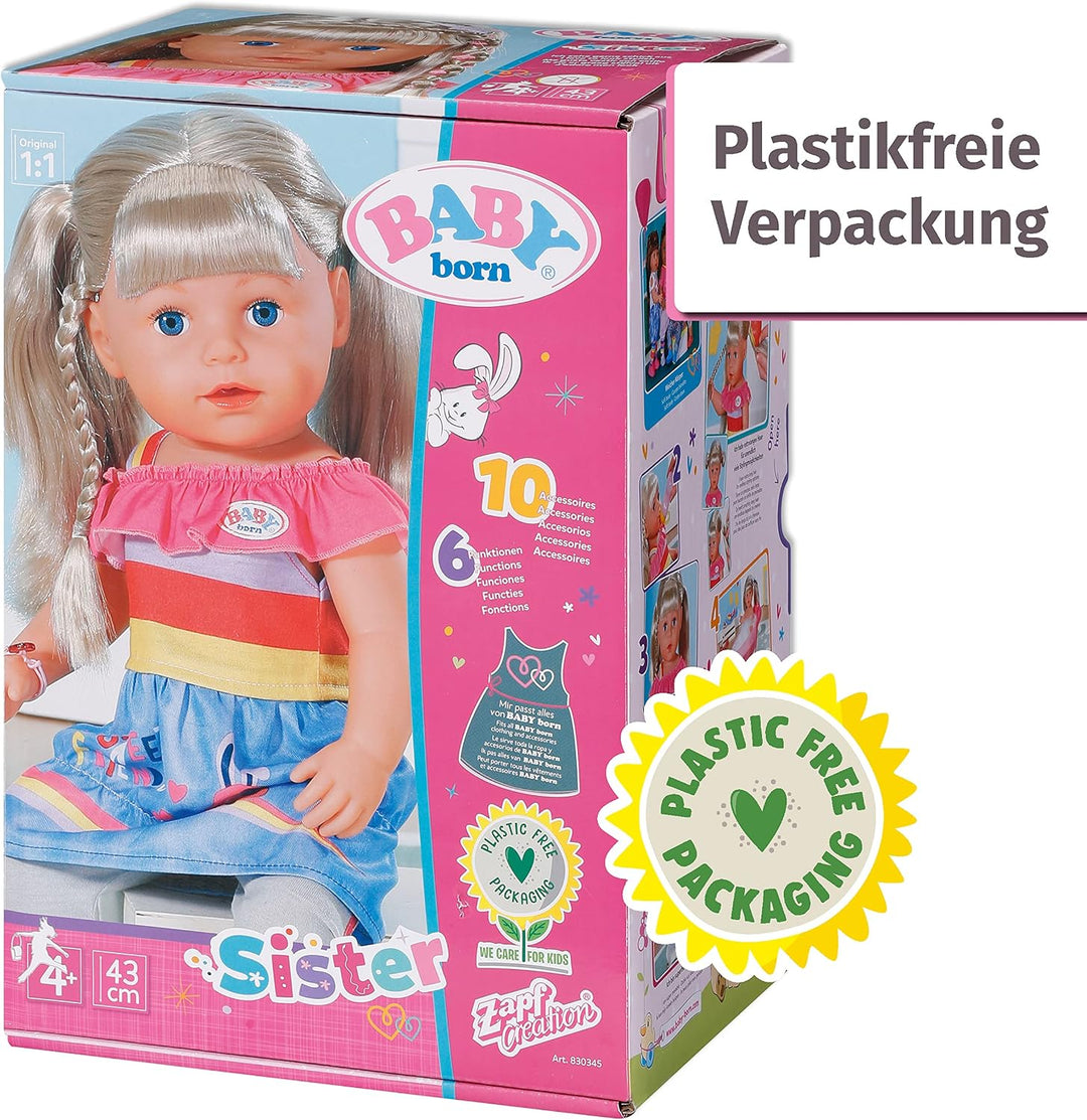 Zapf Creation 830345 BABY born Sister 43cm - Puppe mit lebensechten Funktion und langen blonden Haar