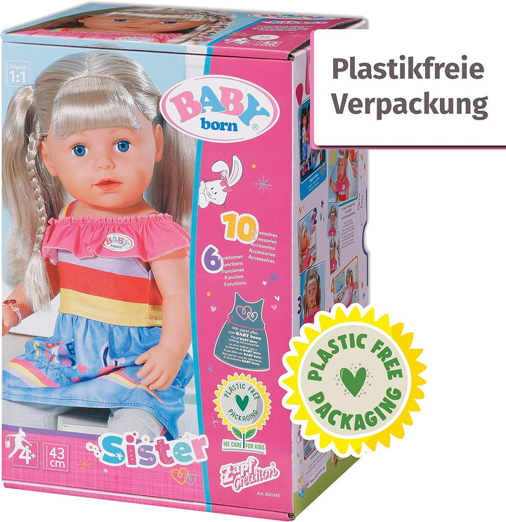 Zapf Creation 830345 BABY born Sister 43cm - Puppe mit lebensechten Funktion und langen blonden Haar
