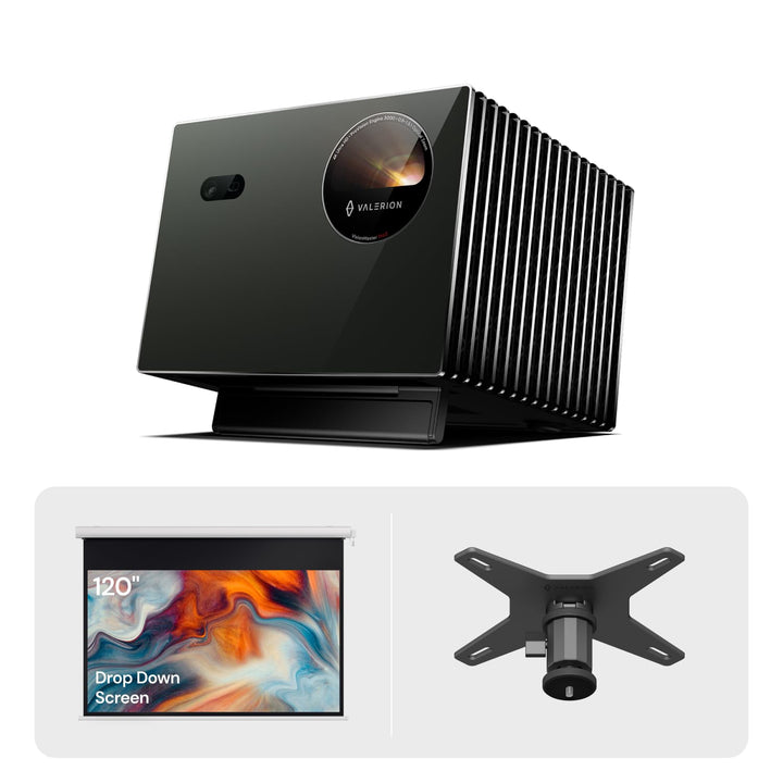 VisionMaster Pro2 4K Triple-Laser Beamer Bundle mit 120" kabelloser, wiederaufladbarer motorisierter
