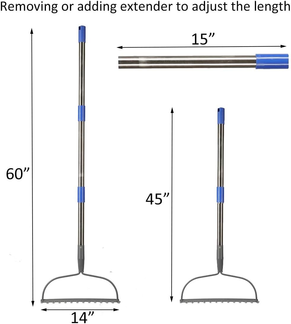 Laubrechen mit 14 Zähnen, Gartenharke aus Metall, Breite Harke mit 152 cm langem Metallstiel, Garten