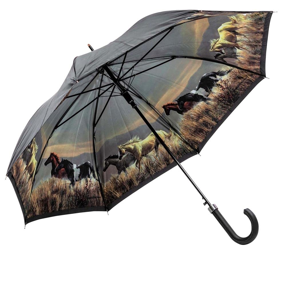 LUCKYWEATHER Regenschirm Stockschirm Damen Motiv Pferde Auf-Automatik Double Layer I Stockregenschir