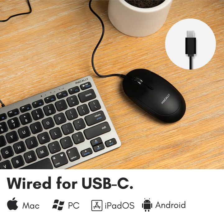 Macally Kabelgebundene USB-C-Maus für Mac und PC, schlank, leise und zuverlässig, 3 Tasten, Scrollra