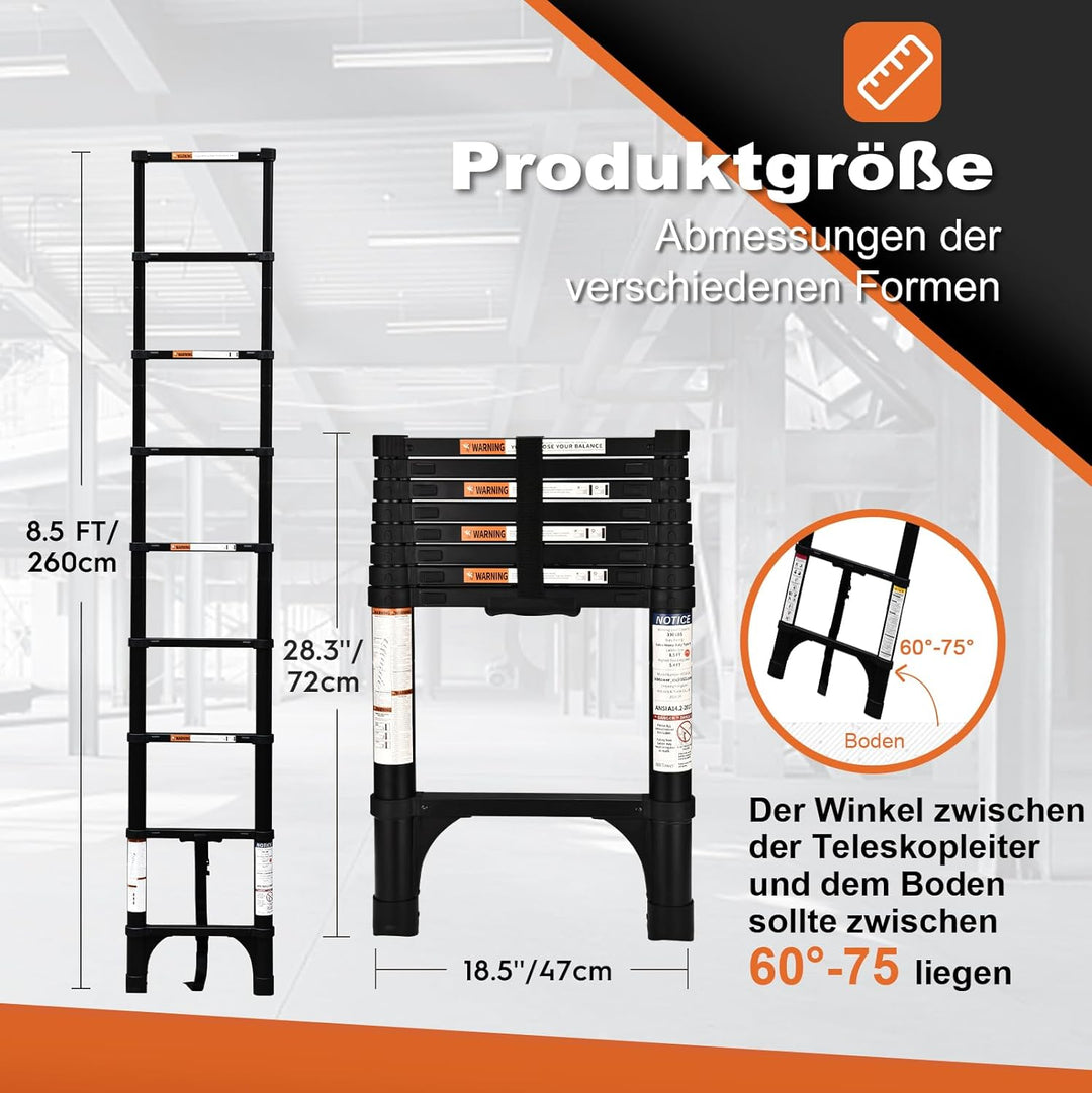 HBTower Teleskopleiter 2,6m mit rutschfesten Füssen,Leichte Ausziehleiter, Leiter Ausziehbar, klappb