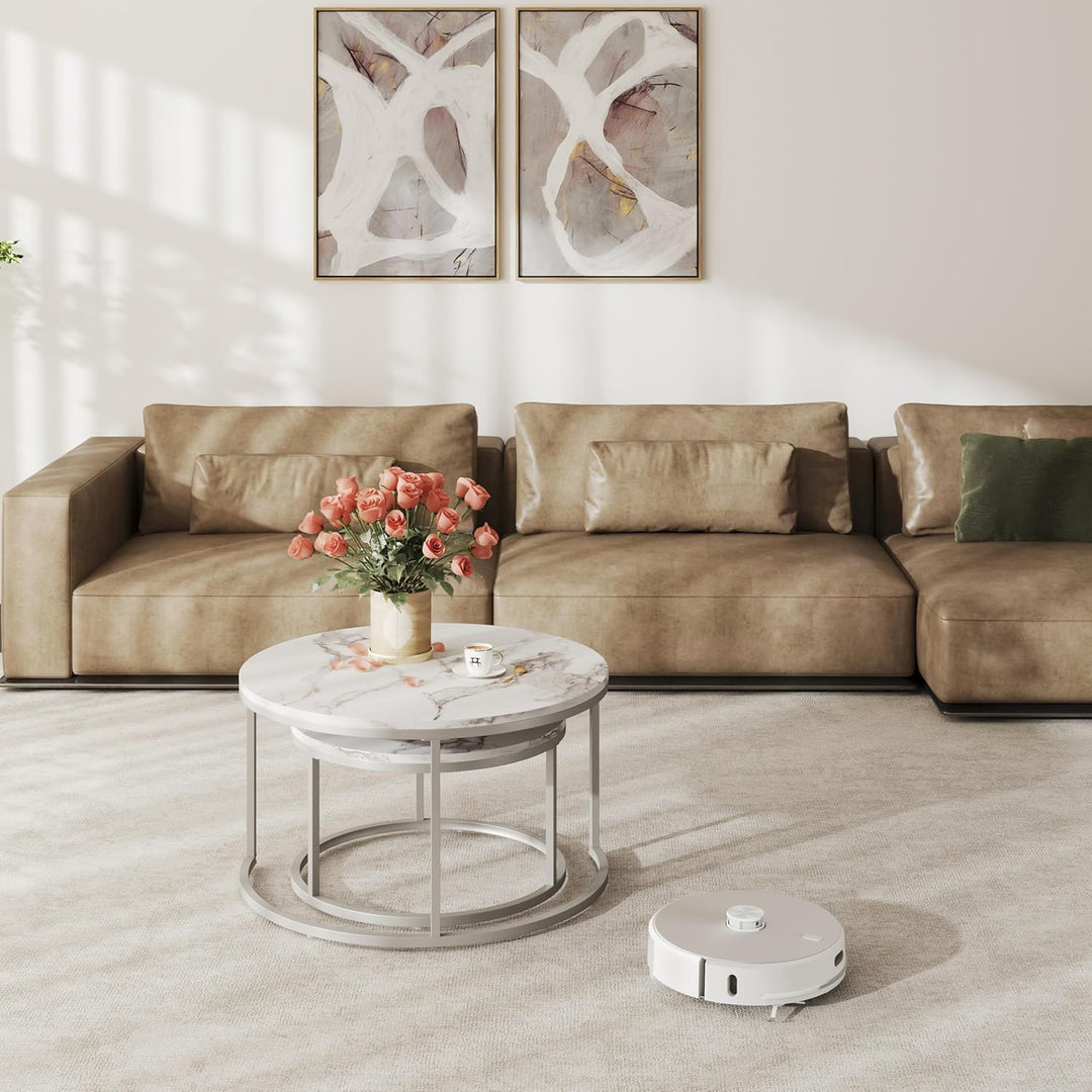 Couchtisch Marmor Optik, Runder Wohnzimmertisch, Weiss Couchtisch Silber, Satztische fürs Wohnzimmer