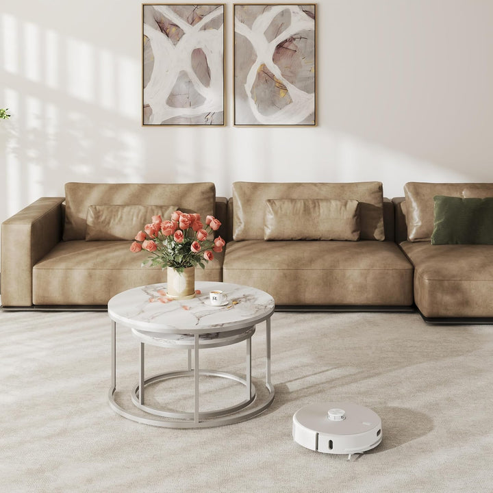 Couchtisch Marmor Optik, Runder Wohnzimmertisch, Weiss Couchtisch Silber, Satztische fürs Wohnzimmer