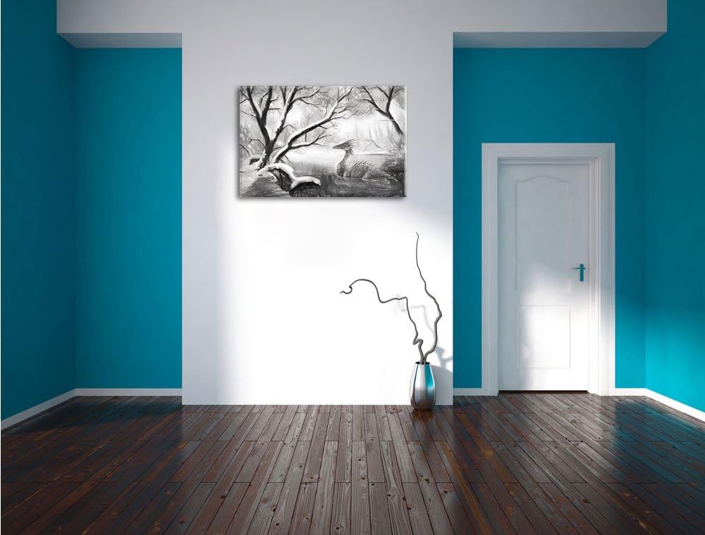 Pixxprint Drache im schneebedeckten Wald / 100x70cm Leinwandbild bespannt auf Holzrahmen/Wandbild Ku