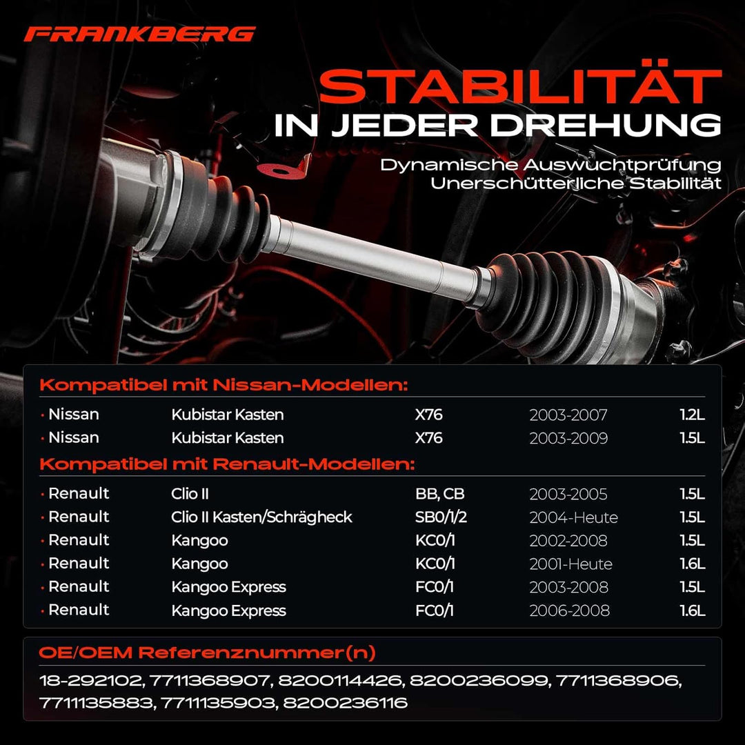 Frankberg Antriebswelle Vorne Rechts Kompatibel mit Kubistar Kasten X80 2004-2007 Clio II BB CB 2003