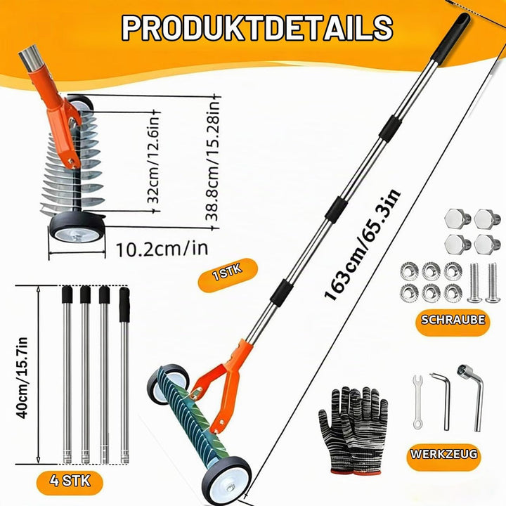 Handvertikutierer mit Stiel 163cm, Vertikutierer Hand mit Rollen, Vertikutierer Rechen, Metall Schne