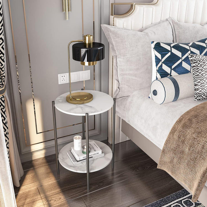 FATIVO Marmor Couchtisch Beistelltisch Sofatisch: 2 Ablagen Beistelltisch rund Nachttisch fürs Wohnz