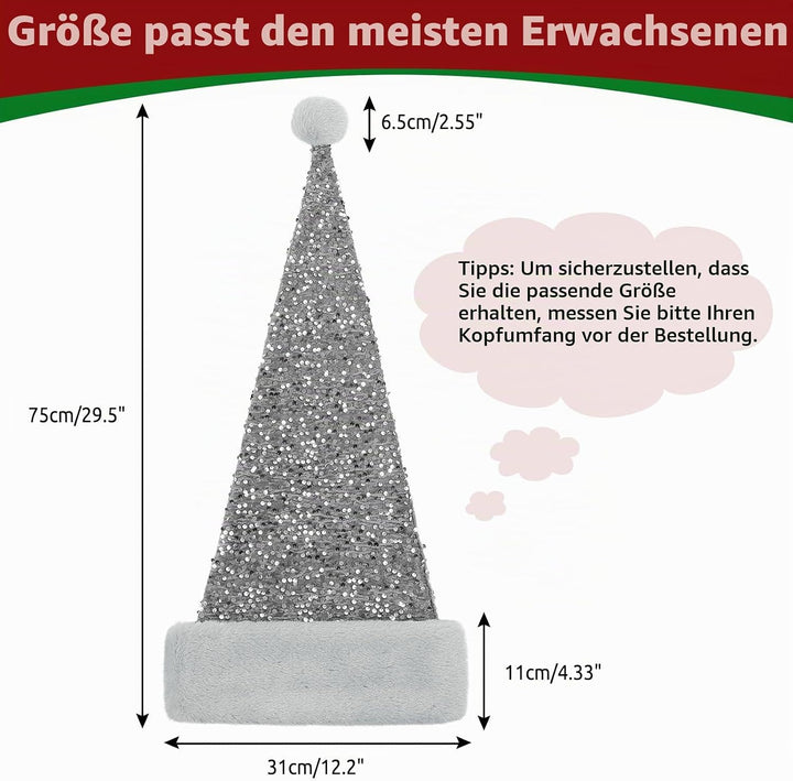 Samt Weihnachtsmannmütze für Erwachsene, Glitzer Seiden Nikolausmütze für Männer und Frauen, doppelt