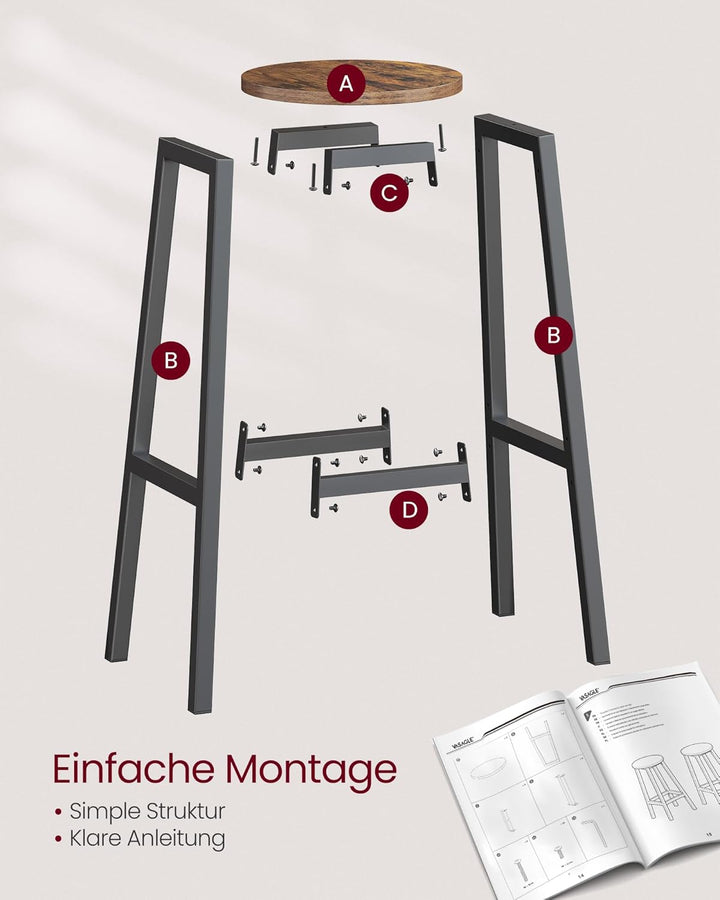 VASAGLE Barhocker, 2er Set, Barstühle, Küchenstühle mit Metallgestell, einfache Montage, 74 cm hoch,