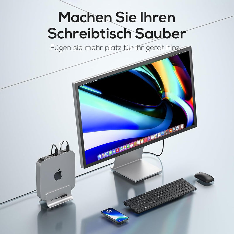 PULWTOP Mac Mini Hub,5-in-1 USB C Hub Adapter,Mac Mini-Ständer,Unterstützt M.2 NVMe SSD-Erweiterung,