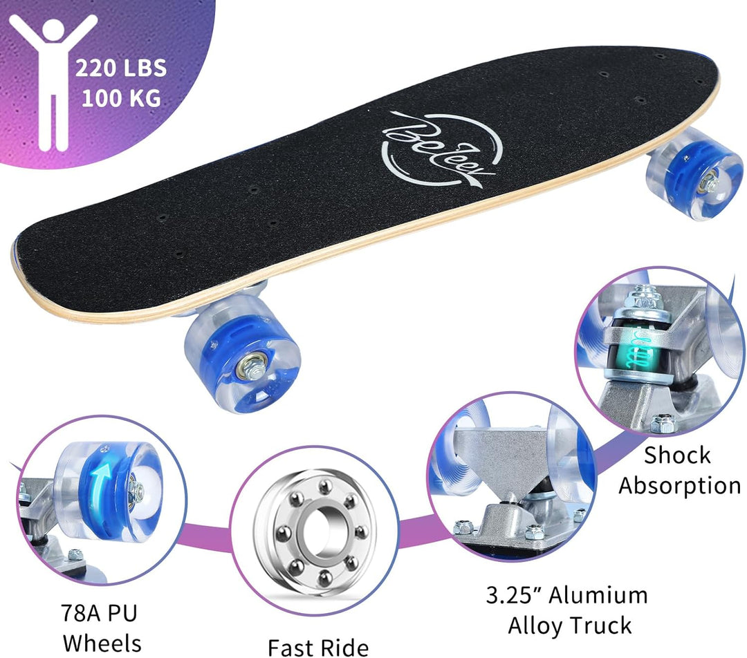 BELEEV Skateboard Komplette 22 Zoll Mini Cruiser Skateboard für Kinder Jugendliche Erwachsene, LED L
