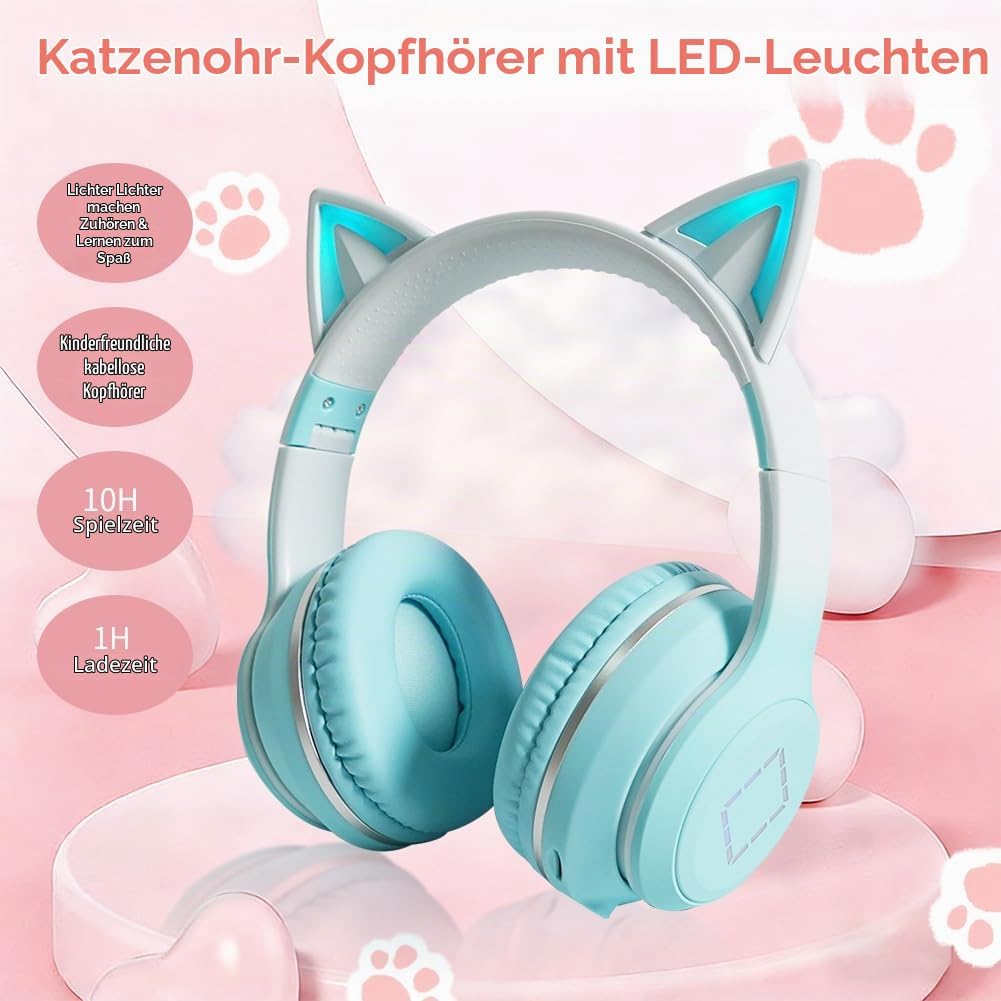 Kinder Bluetooth Kopfhörer, Katzenohr LED Lichter, Bluetooth 5.3 Stereo, Verstellbares Kopfband, 85d