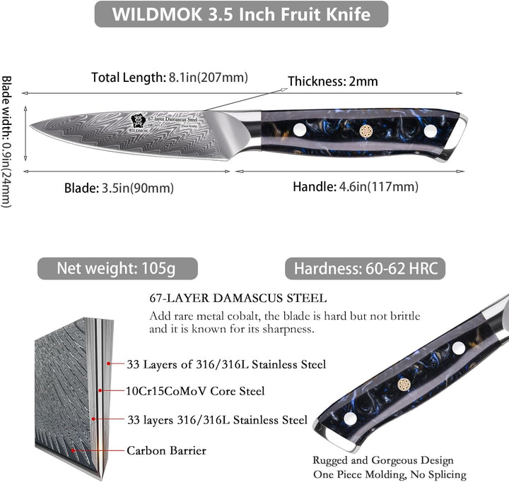 WILDMOK Kochmesser, 8cm, scharfes Obst, Japanisches VG10 Superstahl 67 Lagen Damaststahlmesser zum S