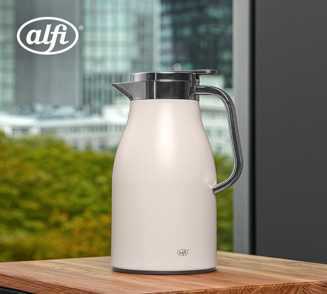 alfi SKYLINE 1,0l, silver lining, Edelstahl-Isolierkanne mit hygienischem Hartglaseinsatz, Drehversc
