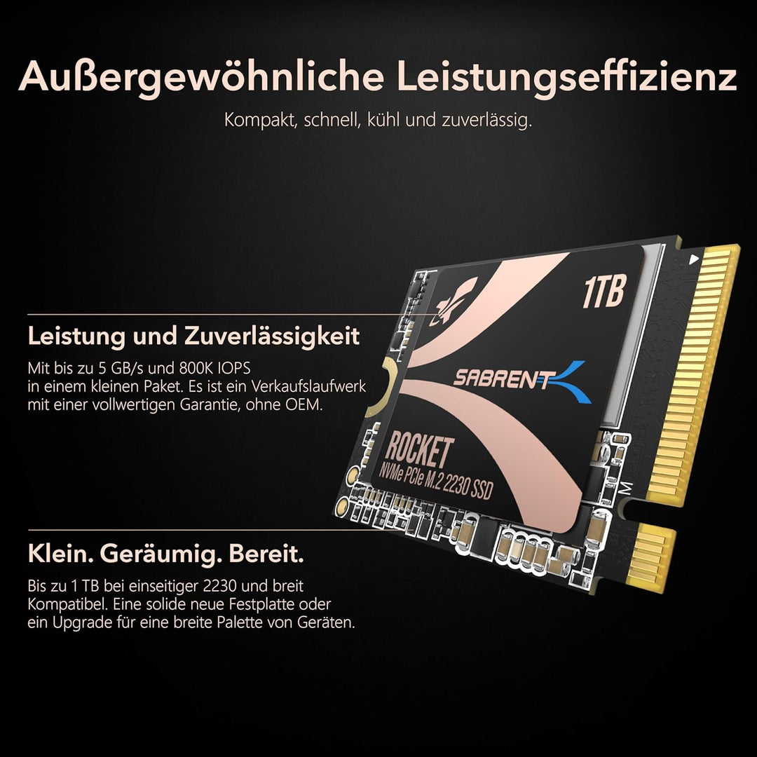 Sabrent 2230 M.2 NVMe Gen 4 1TB, Interne SSD 4750 MB/s Lesen, PCIe 4.0 X4, Internes Solid State Driv