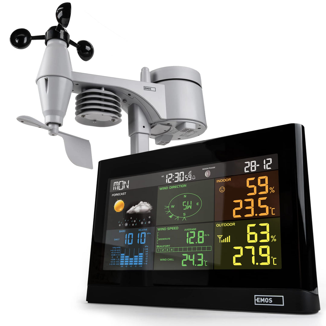 EMOS Wetterstation mit Windmesser und Regenmesser- System mit Farbdisplay, zur Wettervorhersage, für