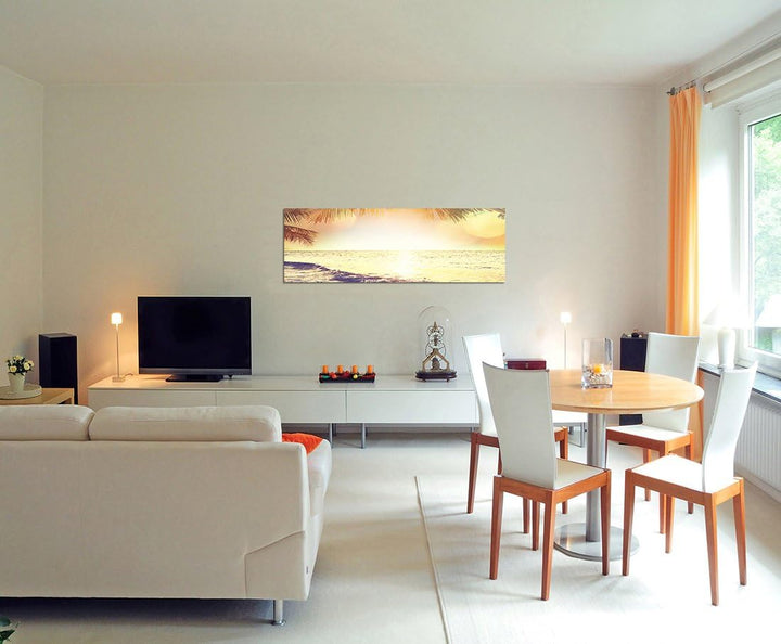 Paul Sinus Art Panoramabild auf Leinwand und Keilrahmen 120x40cm Tropen Strand Meer Sonnenlicht Vint
