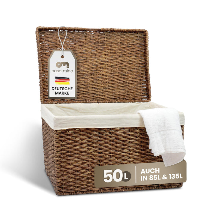 Casa Mina® Wäschetruhe mit Deckel 50 x 28 x 36cm hoch I Atmungsaktive Wäschetruhe geflochten aus 100