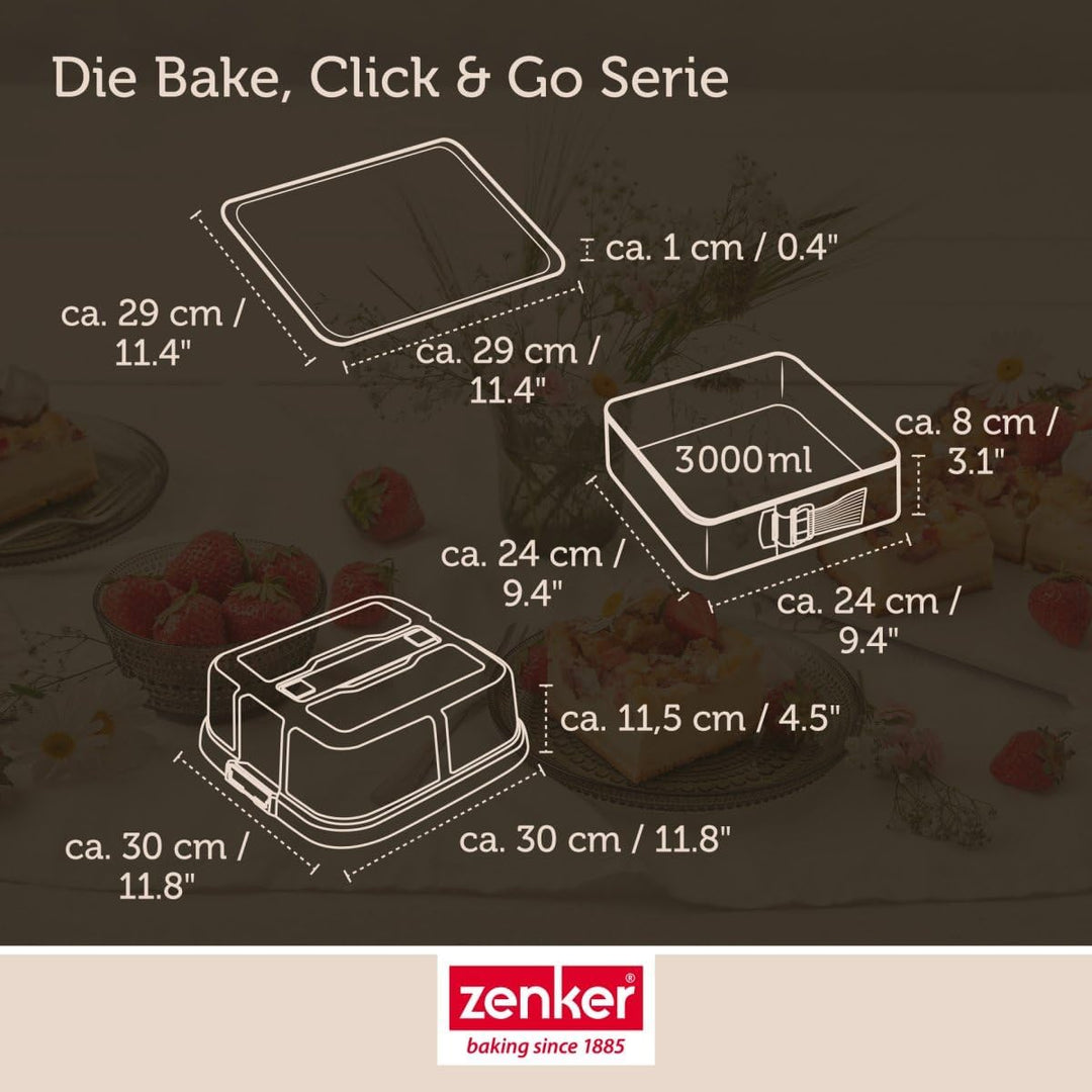 Zenker Bake, Click & Go Quadratische Springform mit Haube – 24 x 24 x 8 cm – Backform mit passendem