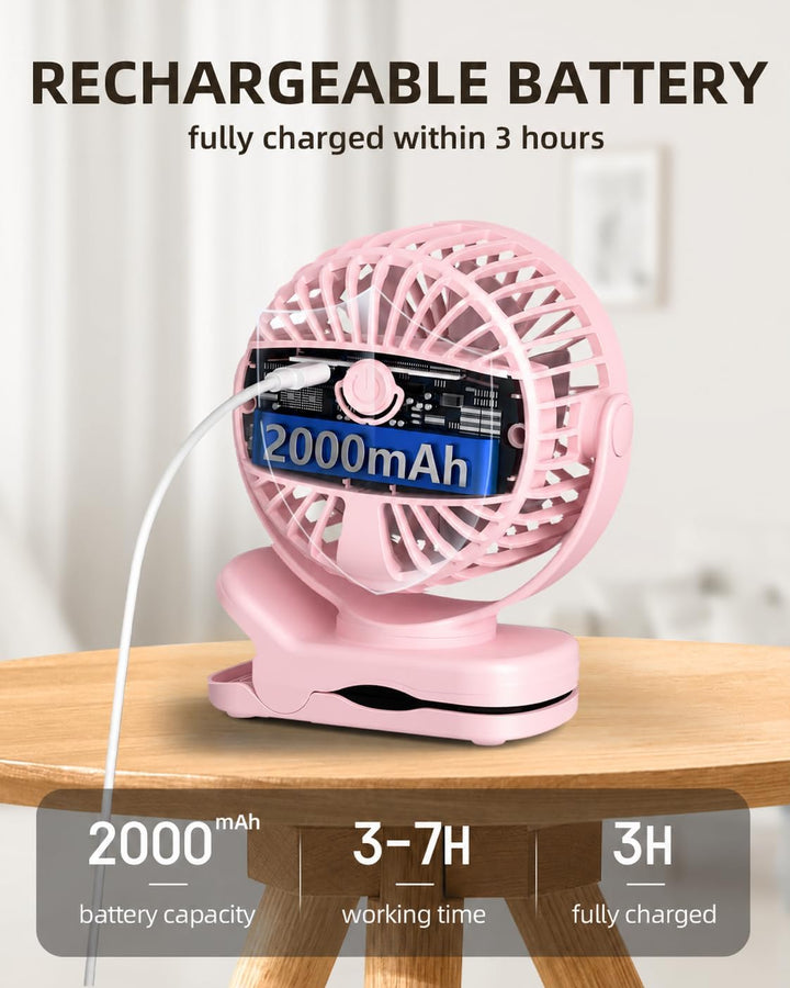 TUNISE USB Ventilator mit Clip, Mini Ventilator 3 Stufen 4,5 m/s, 2000mAh Akku 9,5Std Laufzeit, Tisc