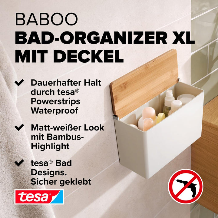tesa® Baboo XL Badorganizer mit Bambus-Deckel, matt-weiss - Bad-Aufbewahrungsbox zur Wandmontage ohn
