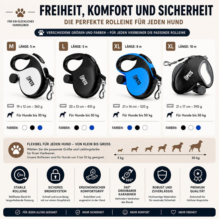 CORTESPETS® Rollleine – Hundeleine mit Kotbeutel – Ausziehbar bis zu 5 m – Für grosse und mittelgros