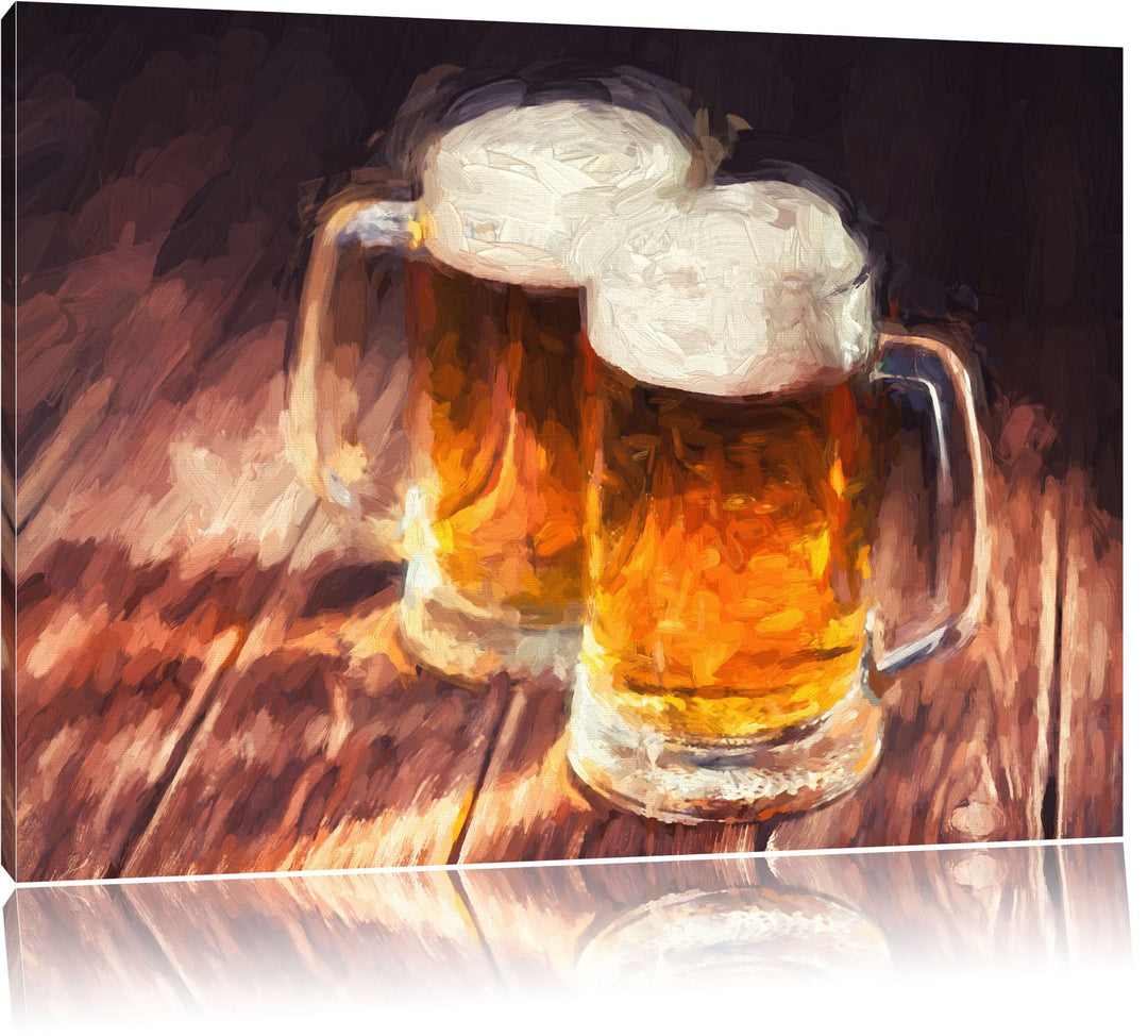 Pixxprint Zwei Masskrüge Bier Pinsel Effekt, Format: 100x70 auf Leinwand, 100x70