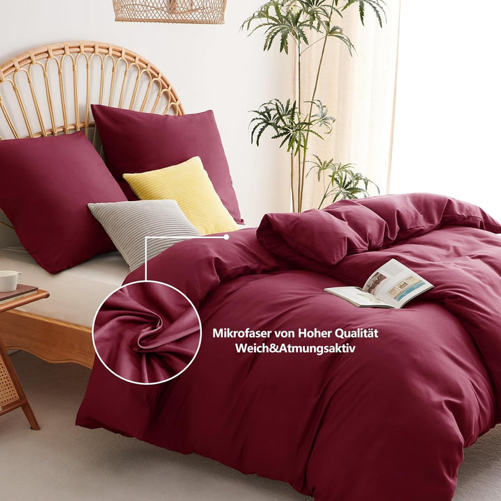 WAVVE Bettwäsche 135x200 4teilig Rot Weinrot - Bettbezüge 135 x 200 2er Set mit Kissenbezüge 80x80 c