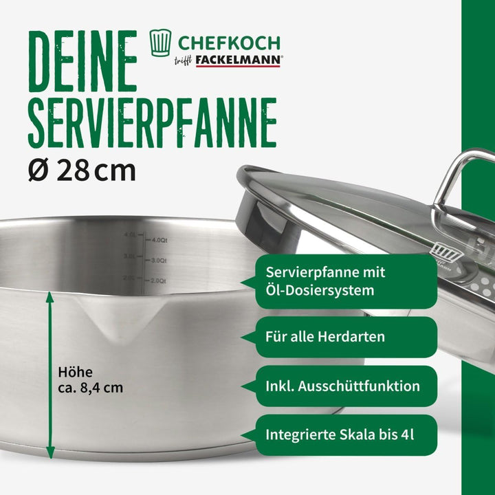 Fackelmann x Chefkoch Servierpfanne München Ø28 cm Edelstahl | Schmortopf mit Öl-Dosiersystem, Liter
