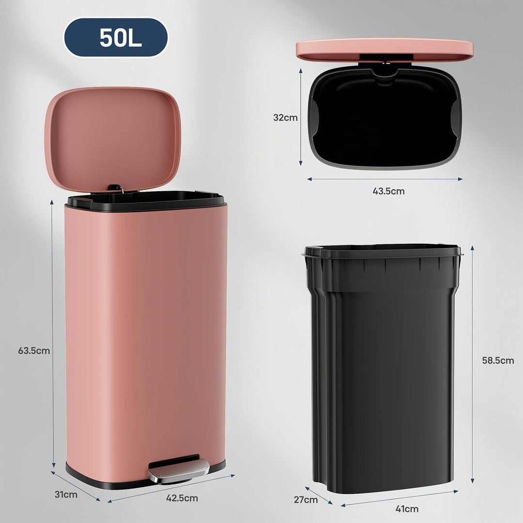 Clevich Mülleimer 50L aus Stahl, Abfalleimer, Tretmülleimer mit Soft-Close Deckel, Fusspeda, abnehmb