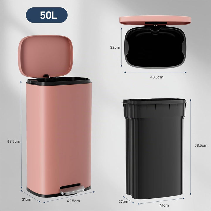 Clevich Mülleimer 50L aus Stahl, Abfalleimer, Tretmülleimer mit Soft-Close Deckel, Fusspeda, abnehmb