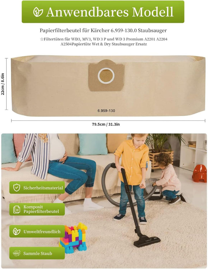 15 Stück Papierfilterbeutel für Kärcher 6.959-130.0, WD3 Staubsaugerbeutel