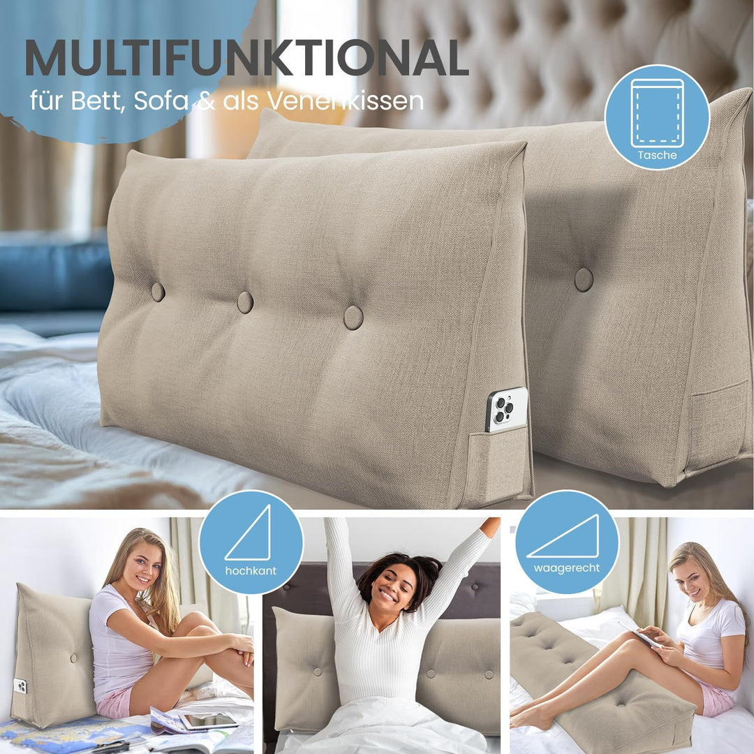 ELONEO Rückenkissen 180 cm breit, Keilkissen für Bett und Sofa geeignet, dreieckiges Lesekissen, Kis