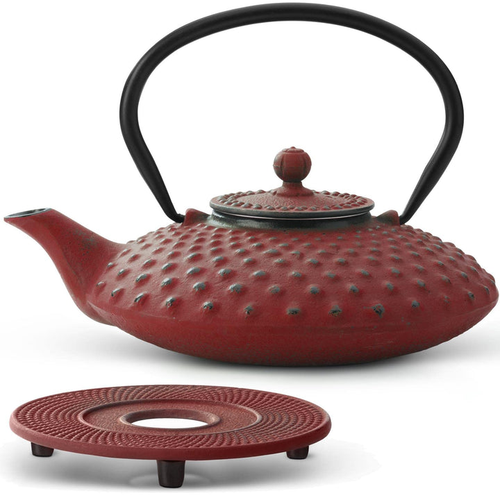 kleine rote Asia Teekanne Gusseisen Set 0.8 Liter Teekessel mit Henkel &amp; Edelstahl Tee-Filter-Sieb-E