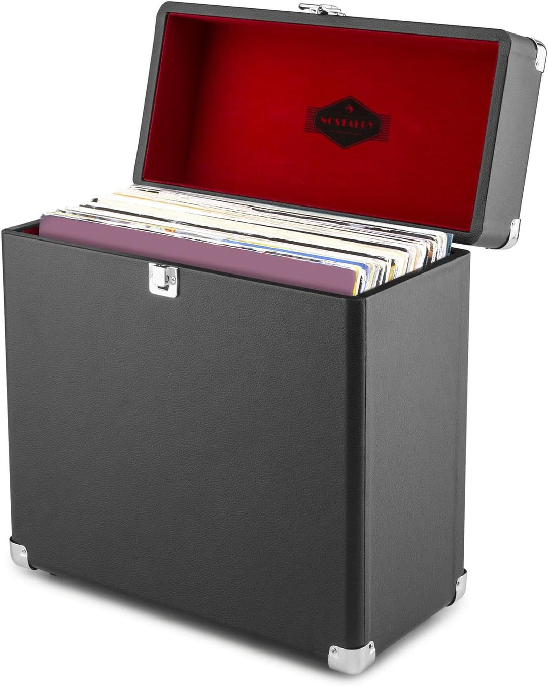 auna TTS6-BL - Schallplattenkoffer, Recordbox, Platten-Case, für 30 LP, Kunstleder, Retro-Design, In