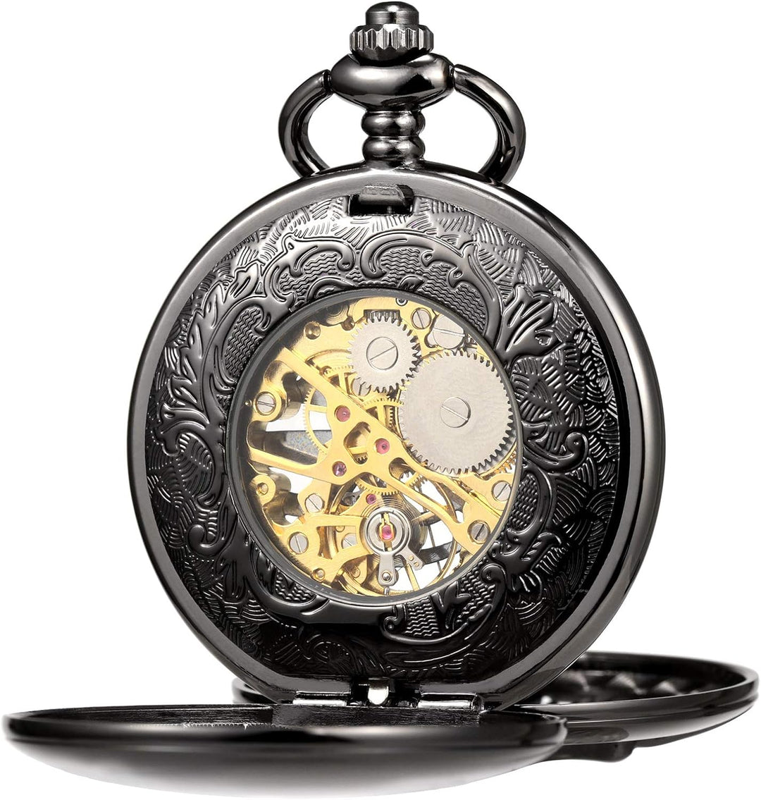 TREEWETO Unisex Taschenuhr mit Kette Analog Handaufzug Doppelscharnier Antik Drache Skelett Bronze 3