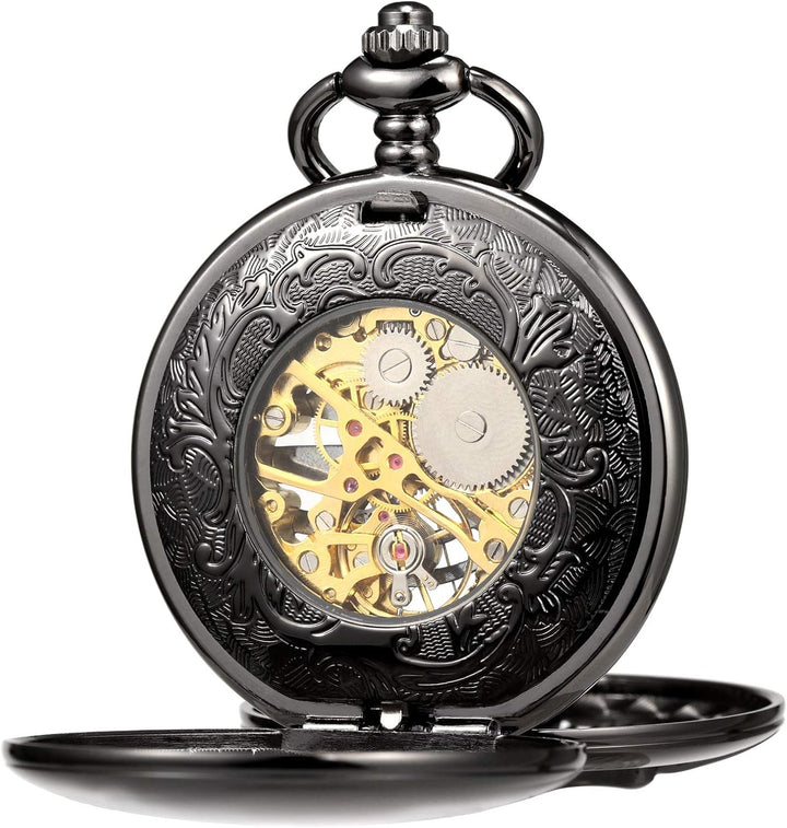 TREEWETO Unisex Taschenuhr mit Kette Analog Handaufzug Doppelscharnier Antik Drache Skelett Bronze 3