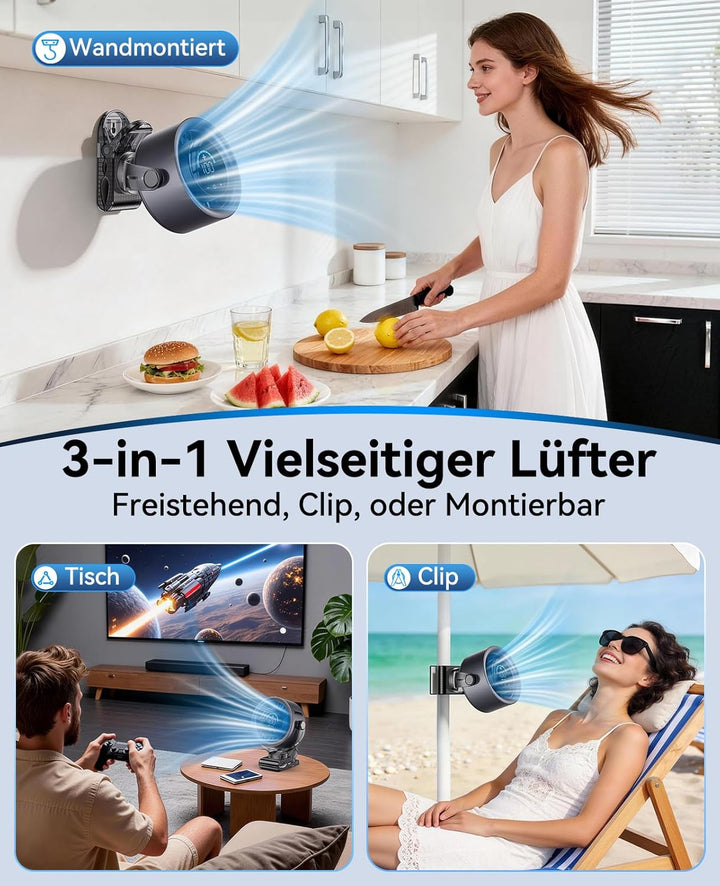 KIMMOO 4000mAh Akku-Clip-Ventilator mit LED-Display, 100 Stufen Touch-Control, 360° Rotation, leiser