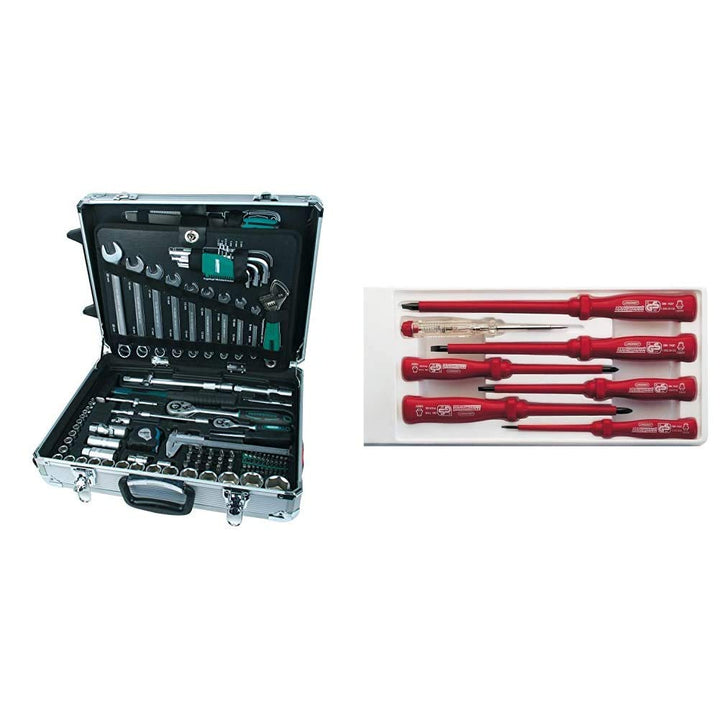 Brüder Mannesmann M29077 Alu-Werkzeugtrolley bestückt, 159-tlg & Elektro-Schraubendrehersatz, 7-tlg,